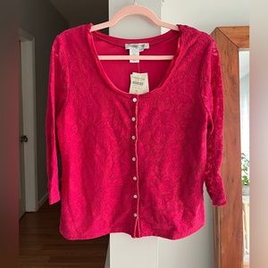 COLDWATER CREEK Pink Velvet Embroidered Floral Print long Sleeve Top